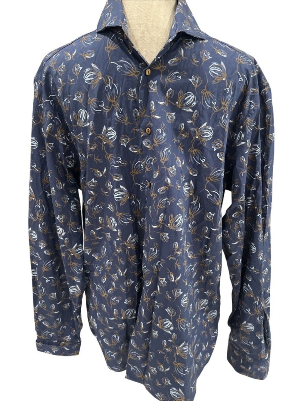 Camicissima Trendy Mens Floral Long Sleeve Shirt Blue & Brown 100% Cotton L